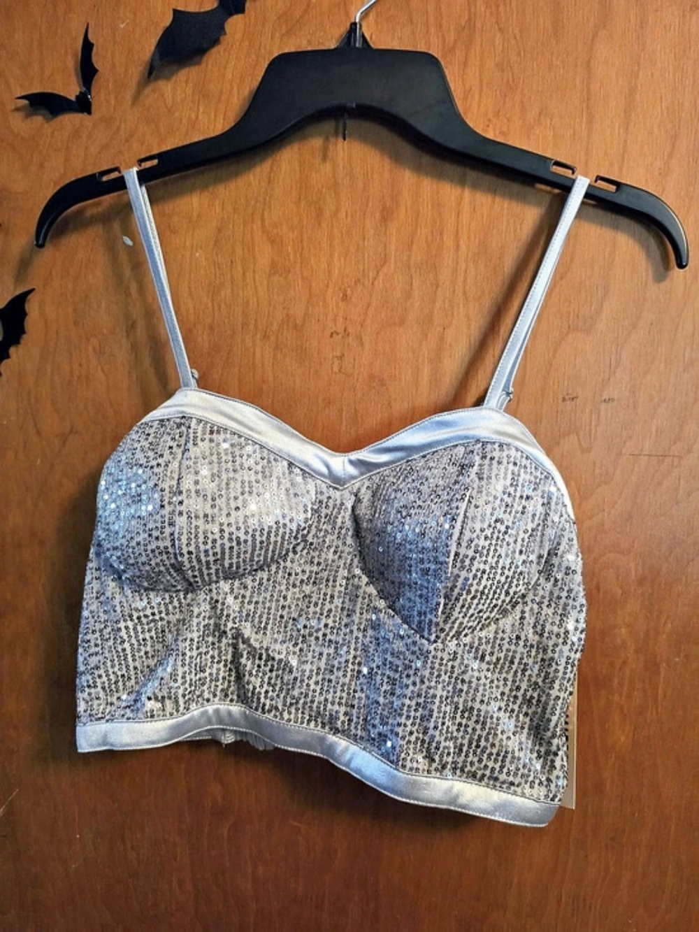 Madden NYC Glitter Bra Cup Top Sequin Crop Top Silver Large NWT